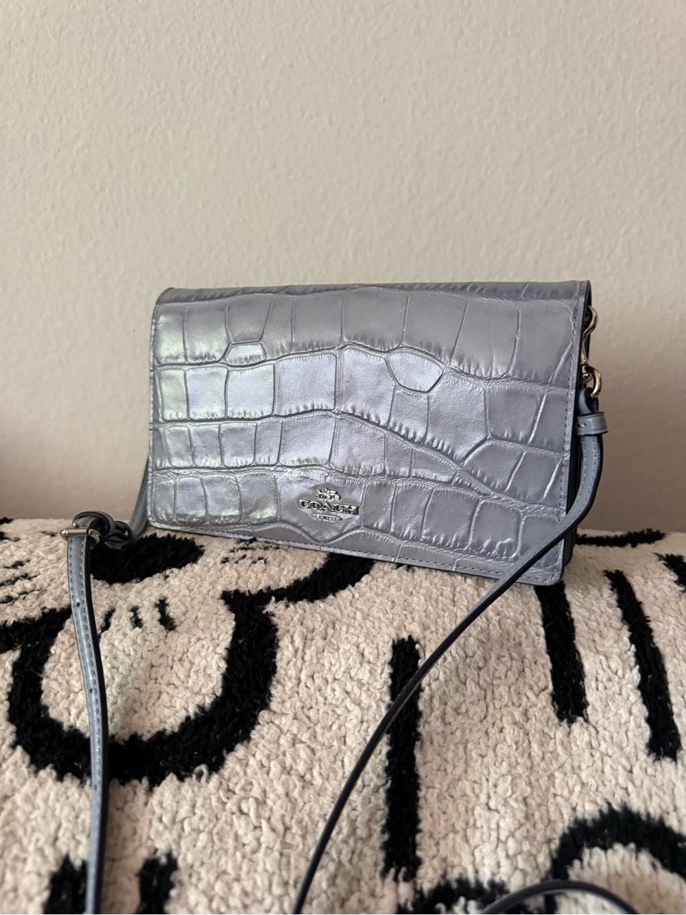 Coach Croc-Embossed Leather Crossbody in Light Gray